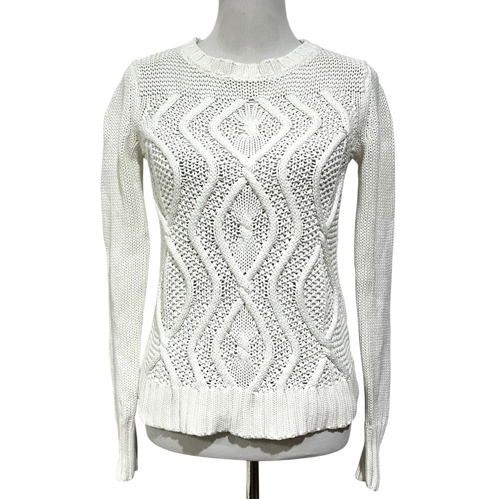 Lands End Drifter Cable Knit Sweater XS (2-4) White Cotton Fisherman Coastal